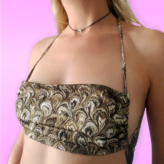 70S MARBLE RUCHED STRAPPY HALTER TOP