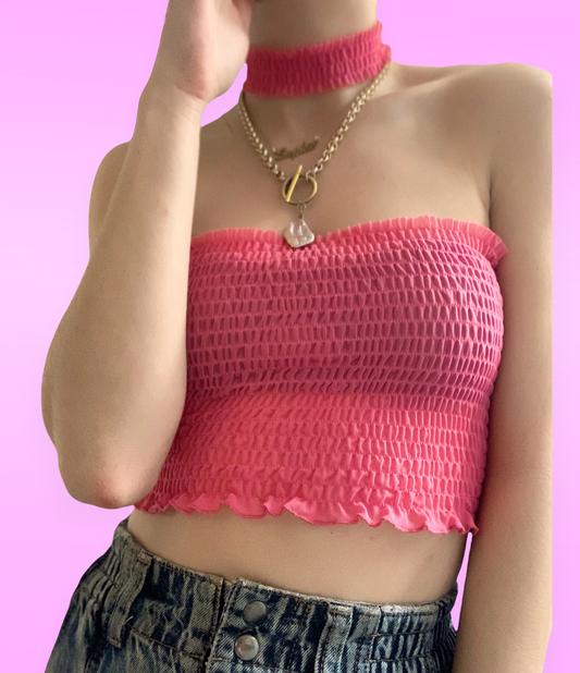 HOT PINK MESH SHIRRED TOP & CHOKER SET