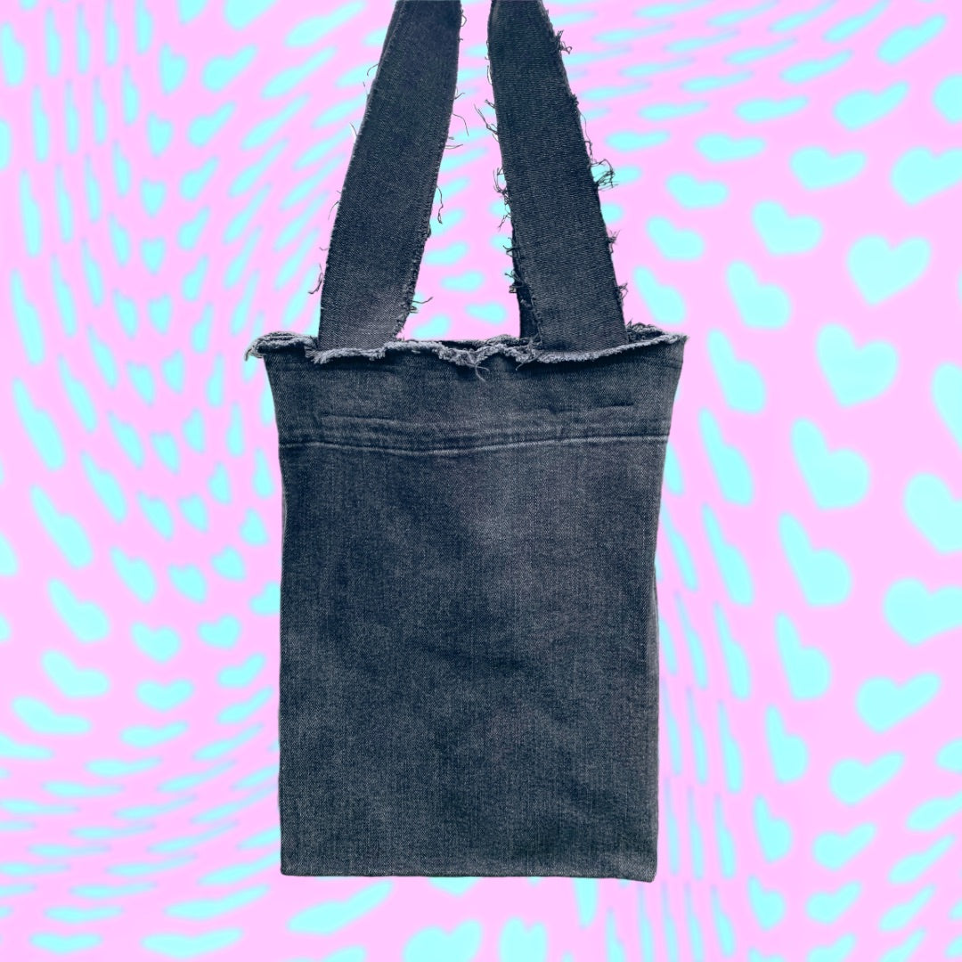 FRAYED DENIM FLOWER TOTE BAG